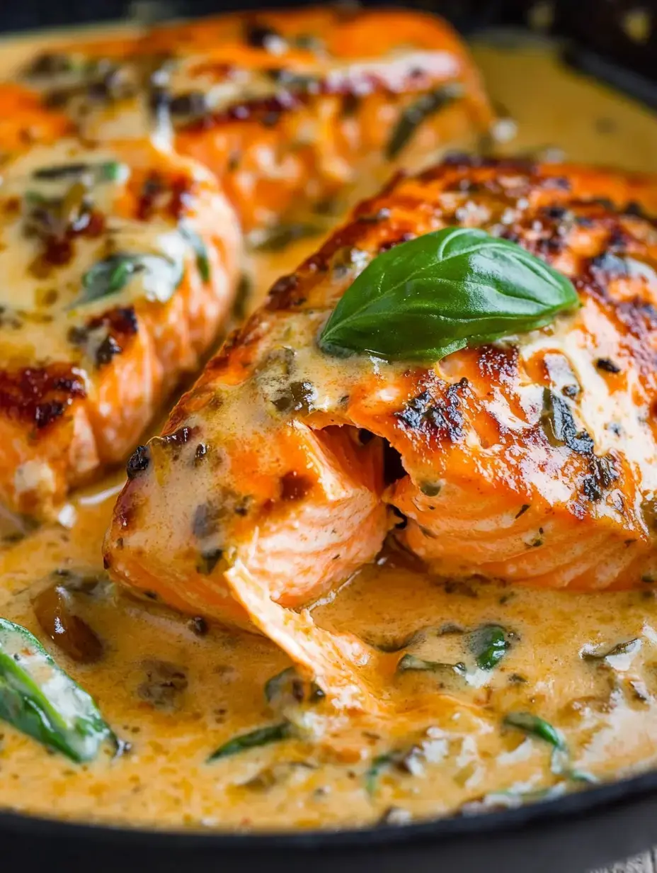 A stunning view of salmon pieces in creamy sauce with a basil leaf on top and herbs surrounding the dish.