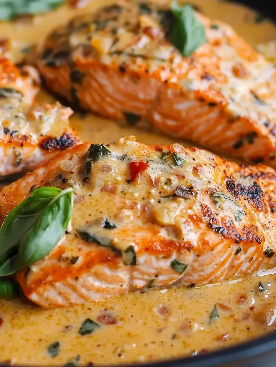 A mouthwatering shot of tender salmon topped with creamy sauce and decorated with fresh basil leaves.