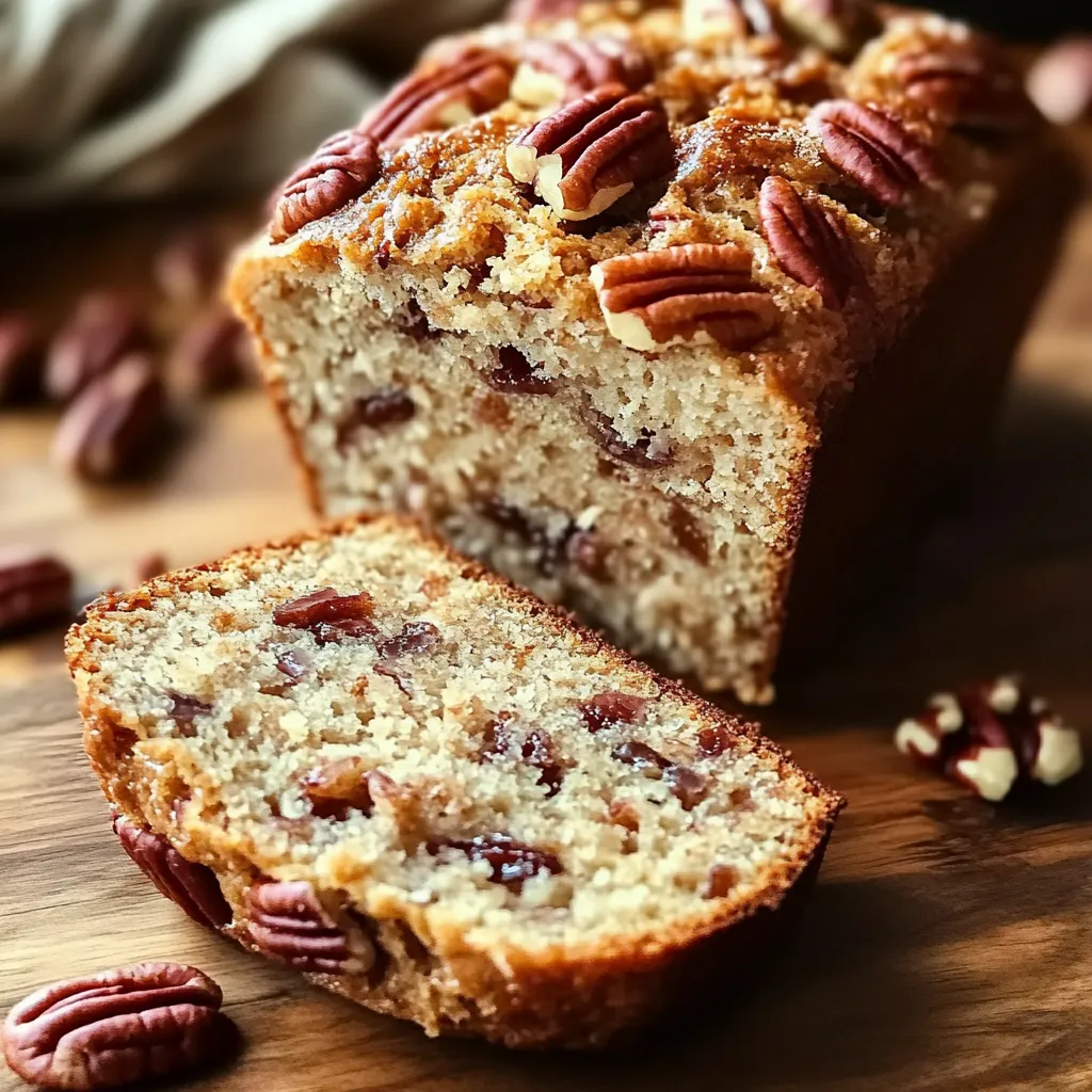 A slice of banana bread topped with pecans rests on a rustic wooden surface, showcasing its moist texture and