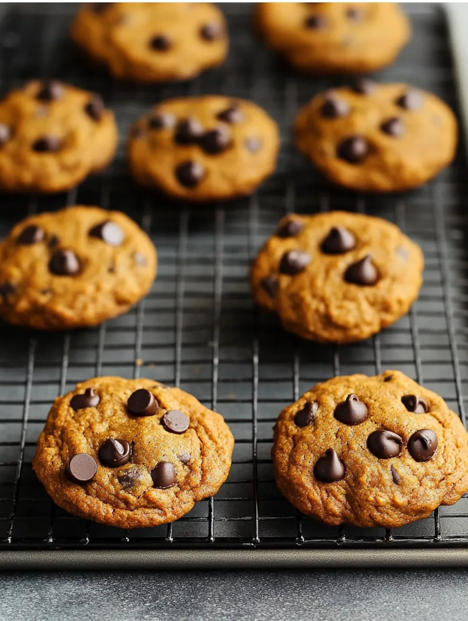 Soft pumpkin chocolate chip cookies cooling on a rack
