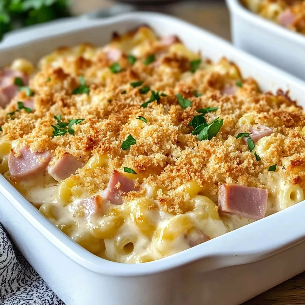 Layers of chicken, ham, cheese, and creamy breadcrumbs