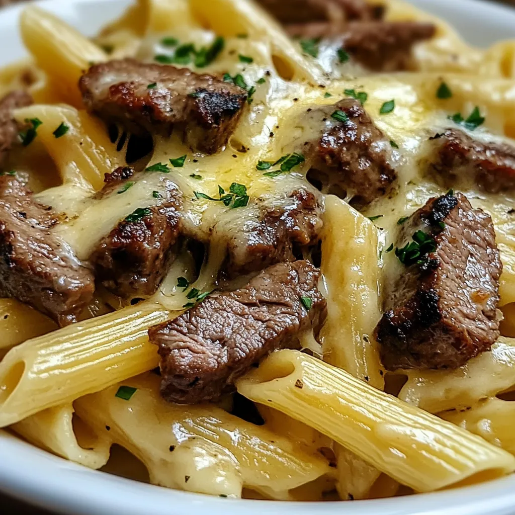 Close-up Garlic Butter Steak Tips with Cheesy Rigatoni