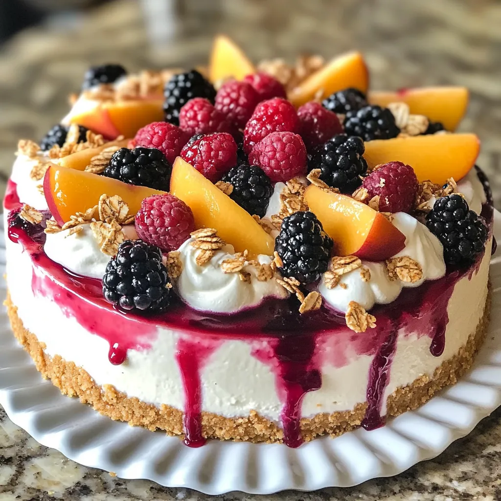 Close-up Summer Berry and Peach Cheesecake
