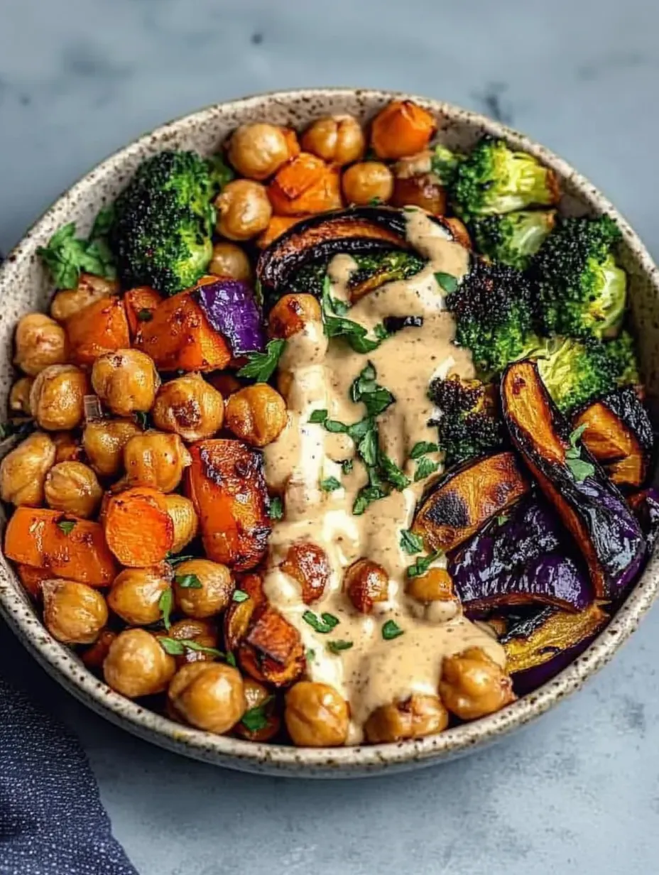 Roasted Veggie & Chickpea Bowls with Maple Dijon Tahini Dressing