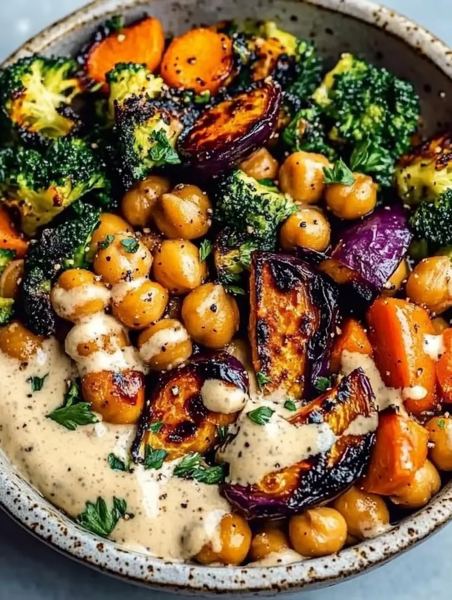 Roasted Veggie & Chickpea Bowls with Maple Dijon Tahini Dressing Recipe