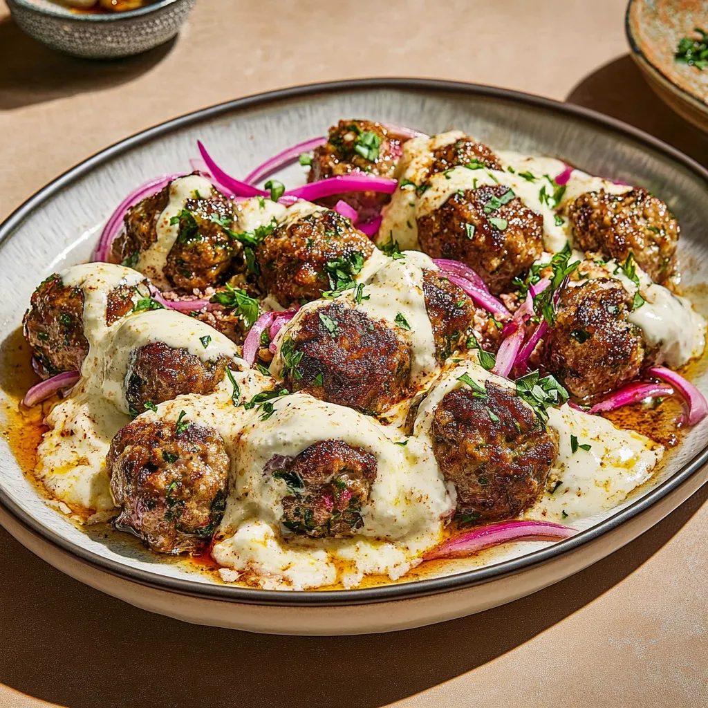 Tasty meatballs served in yogurt sauce