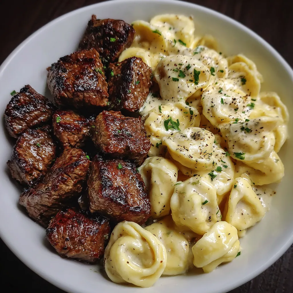 Garlic Butter Steak Bites & Creamy Alfredo Tortellini