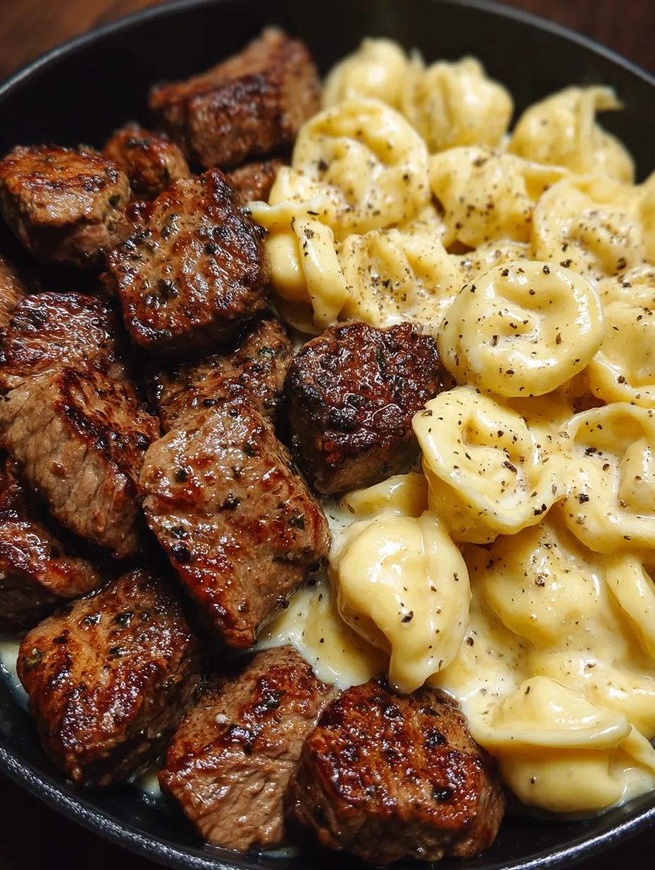Garlic Butter Steak Bites & Creamy Alfredo Tortellini