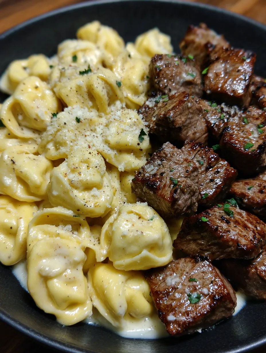 Garlic Butter Steak Bites & Creamy Alfredo Tortellini