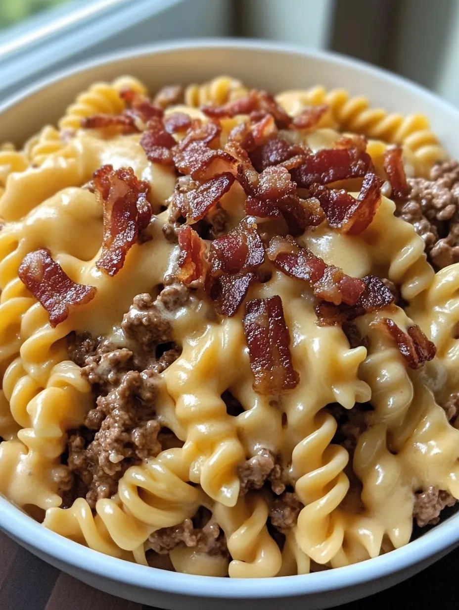 A bowl of pasta with bacon and cheese.