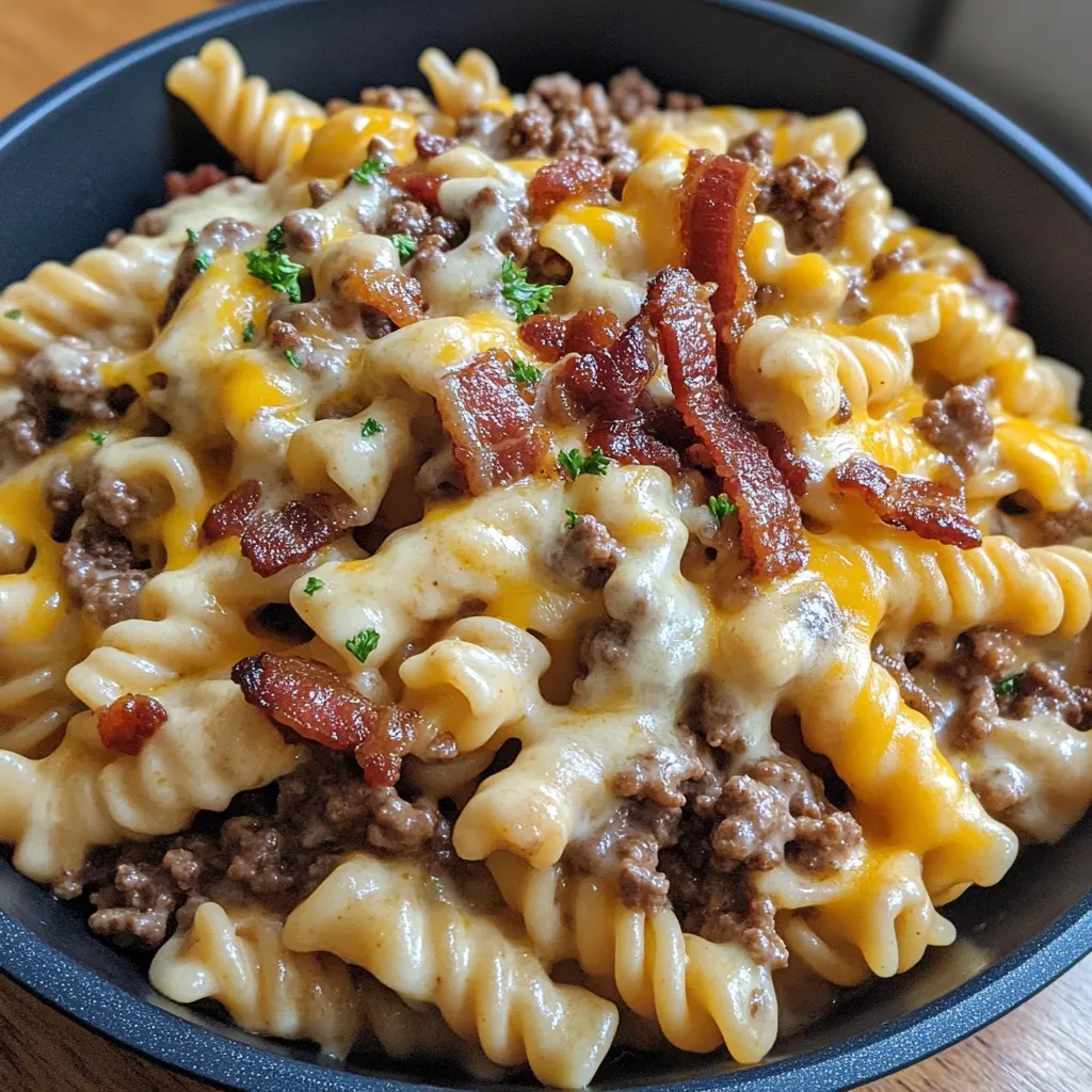 A bowl of pasta with bacon and cheese.