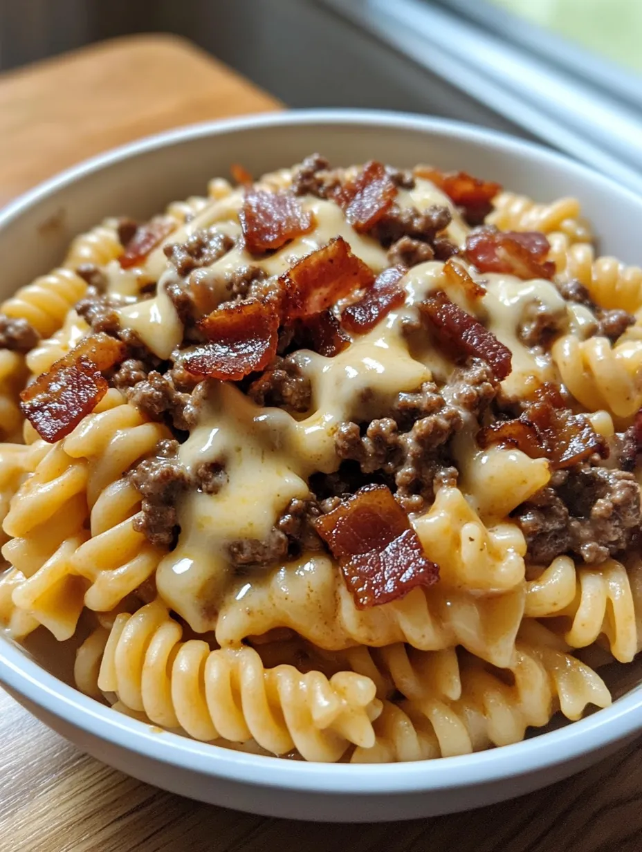 A bowl of pasta with bacon and cheese.