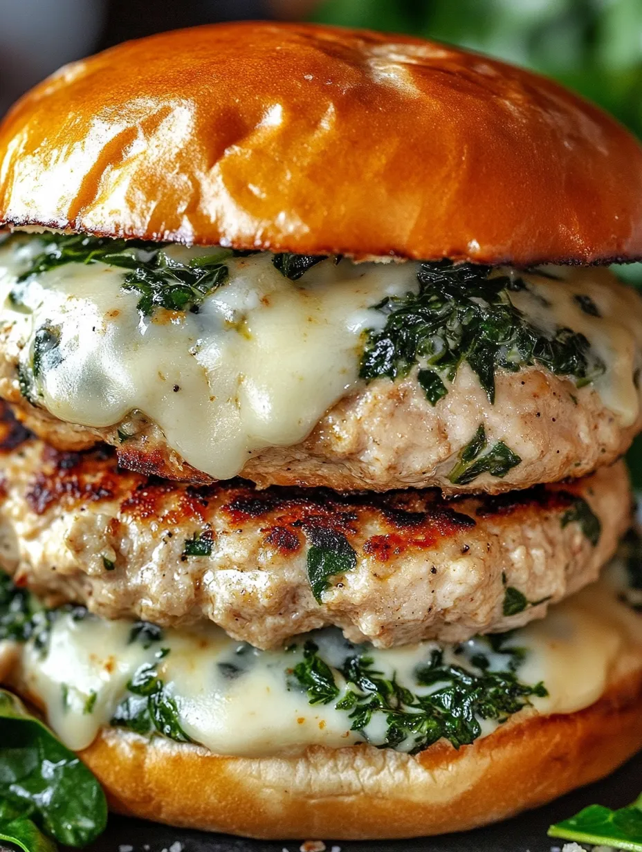 Two white cheddar spinach chicken burgers stacked on top of each other.