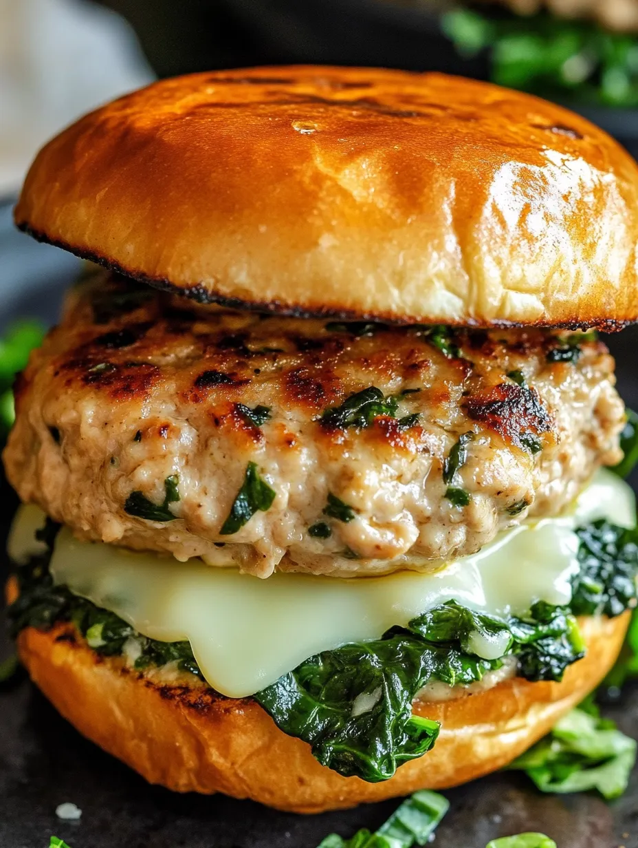 A burger with white cheddar cheese and spinach.