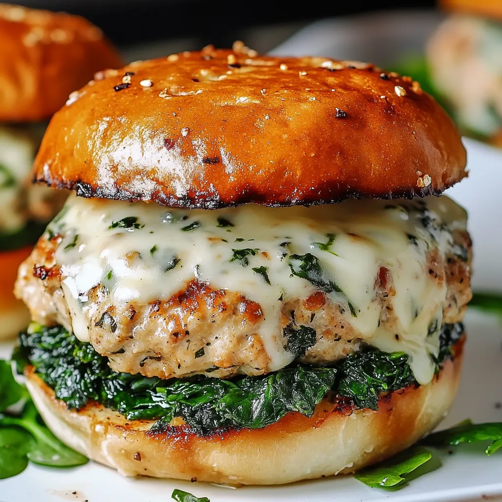 A close up of a white cheddar spinach chicken burger.