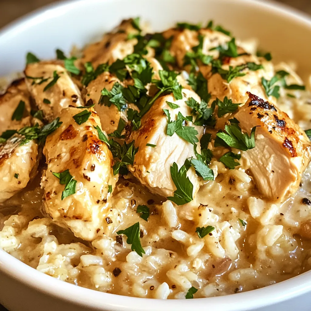 A bowl of rice with chicken and herbs.
