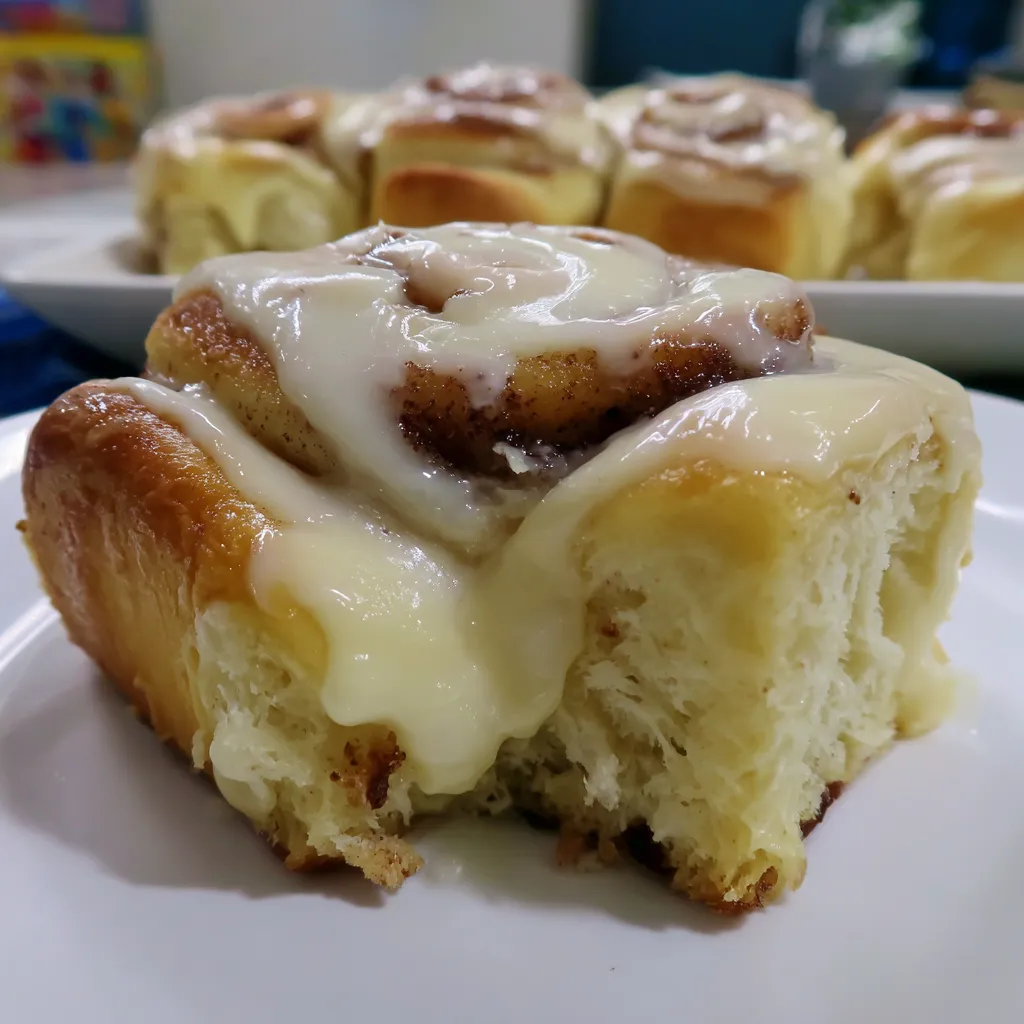A plate of cinnamon rolls with cream cheese.