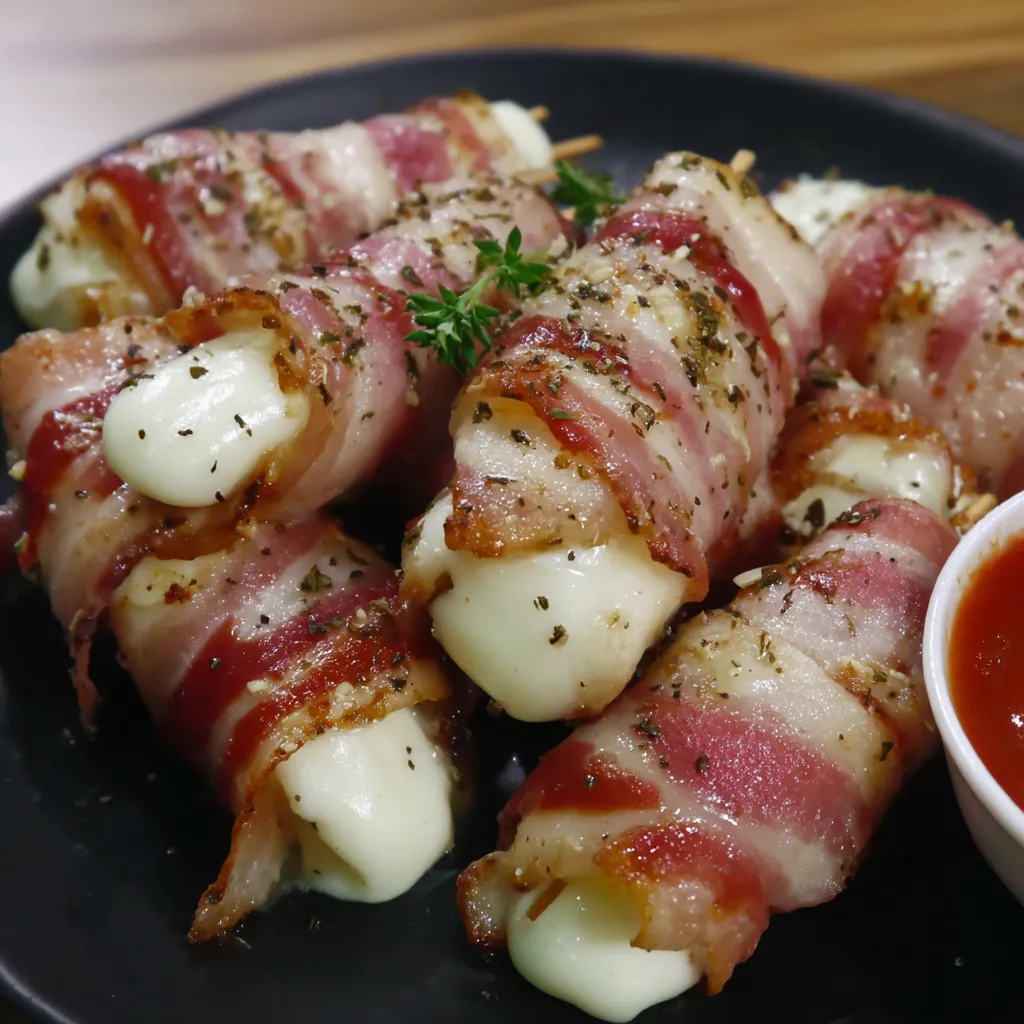 Bacon wrapped mozzarella sticks on a plate.