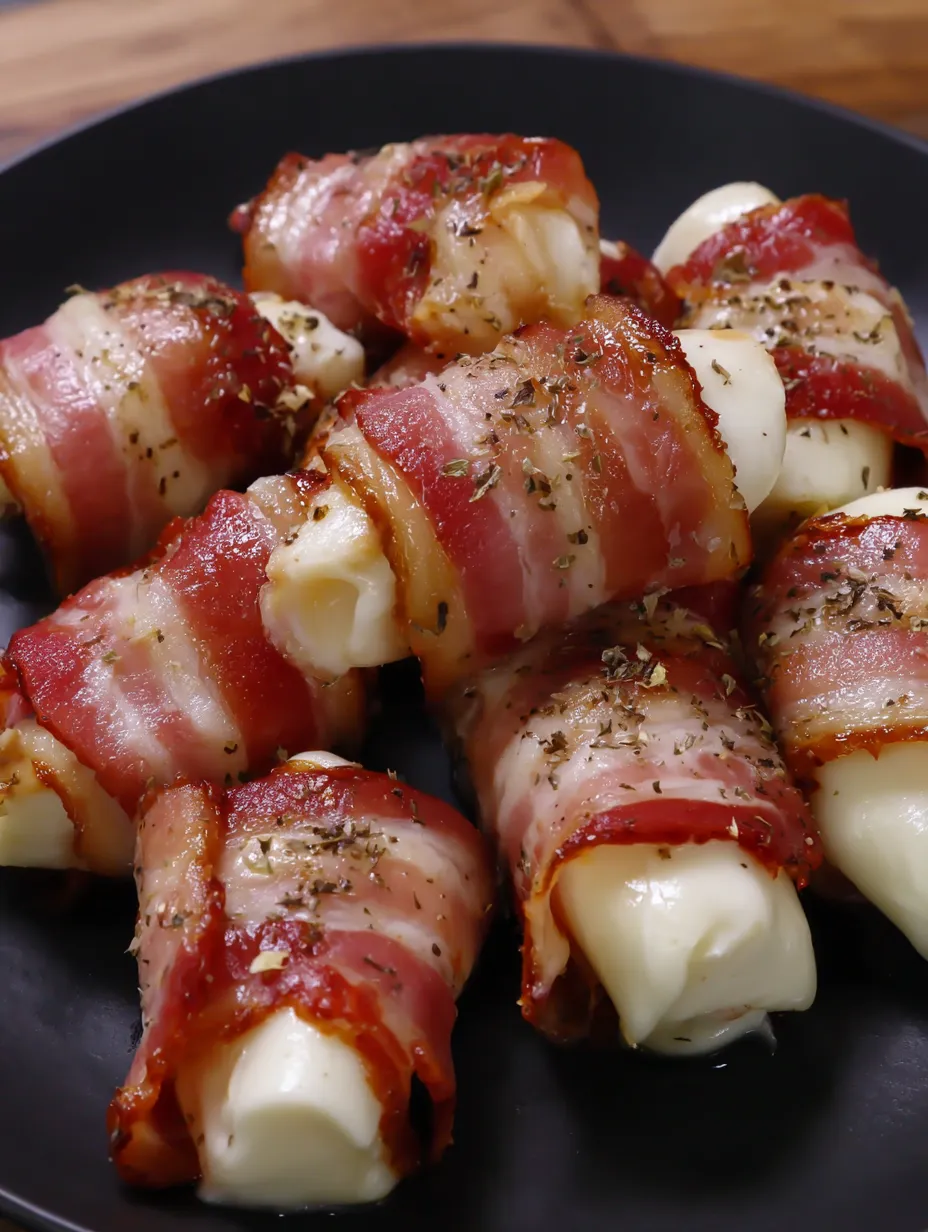 Bacon-wrapped mozzarella sticks on a plate.