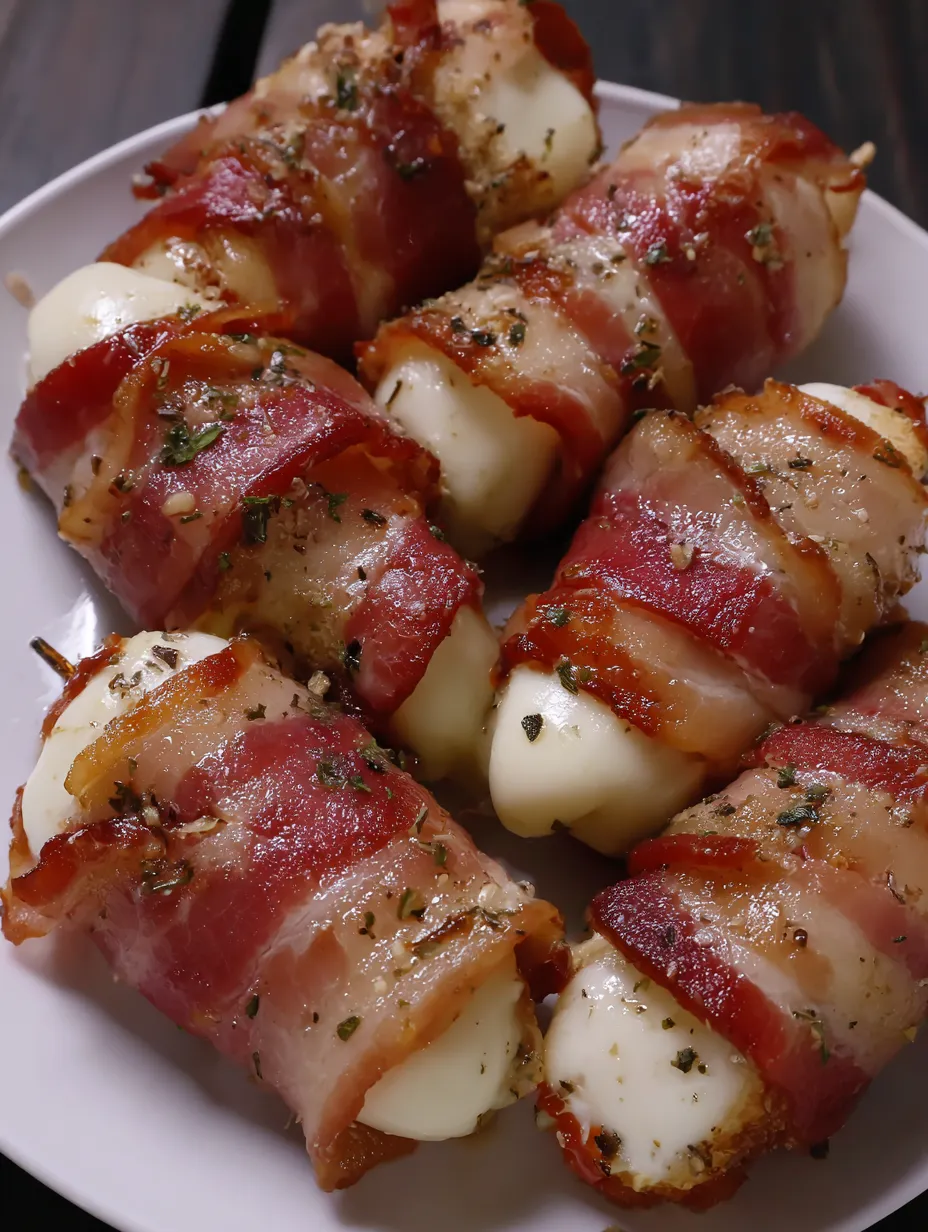 Bacon wrapped mozzarella sticks on a plate.