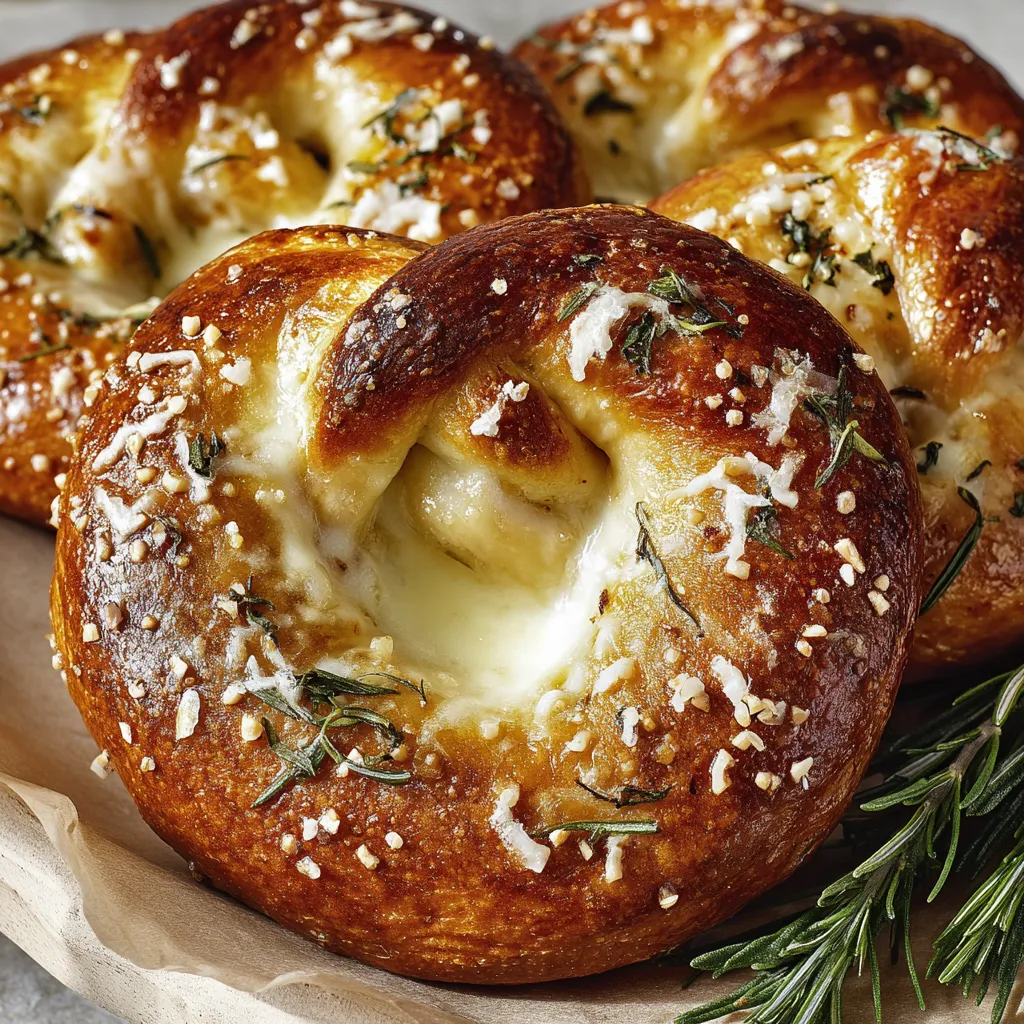 Three mozzarella stuffed soft pretzels.