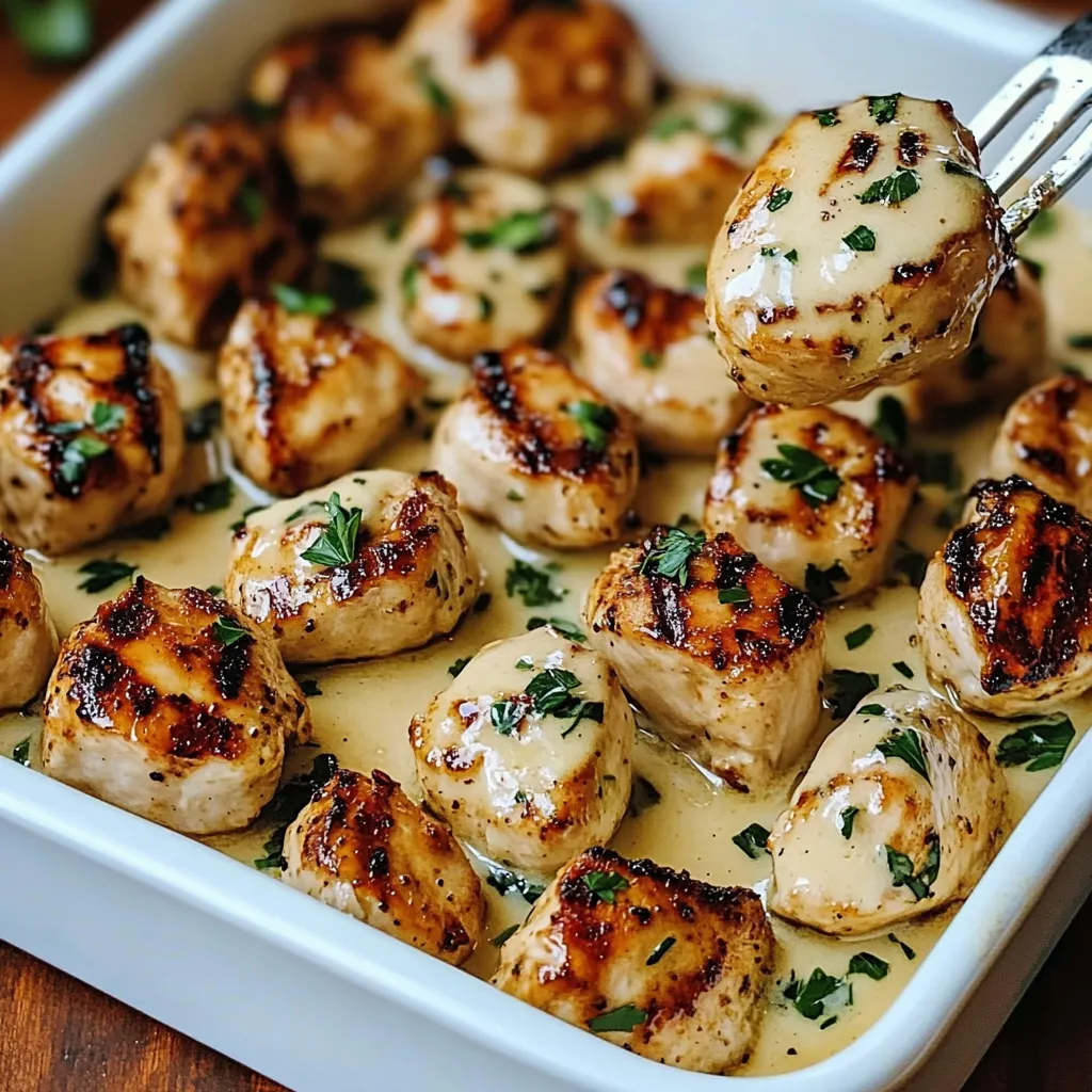 A white bowl with chicken and sauce.