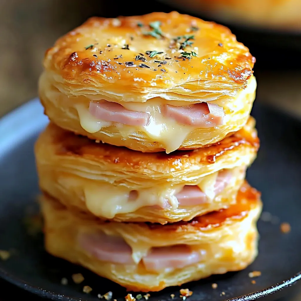Three stacked cheese and ham pastries.
