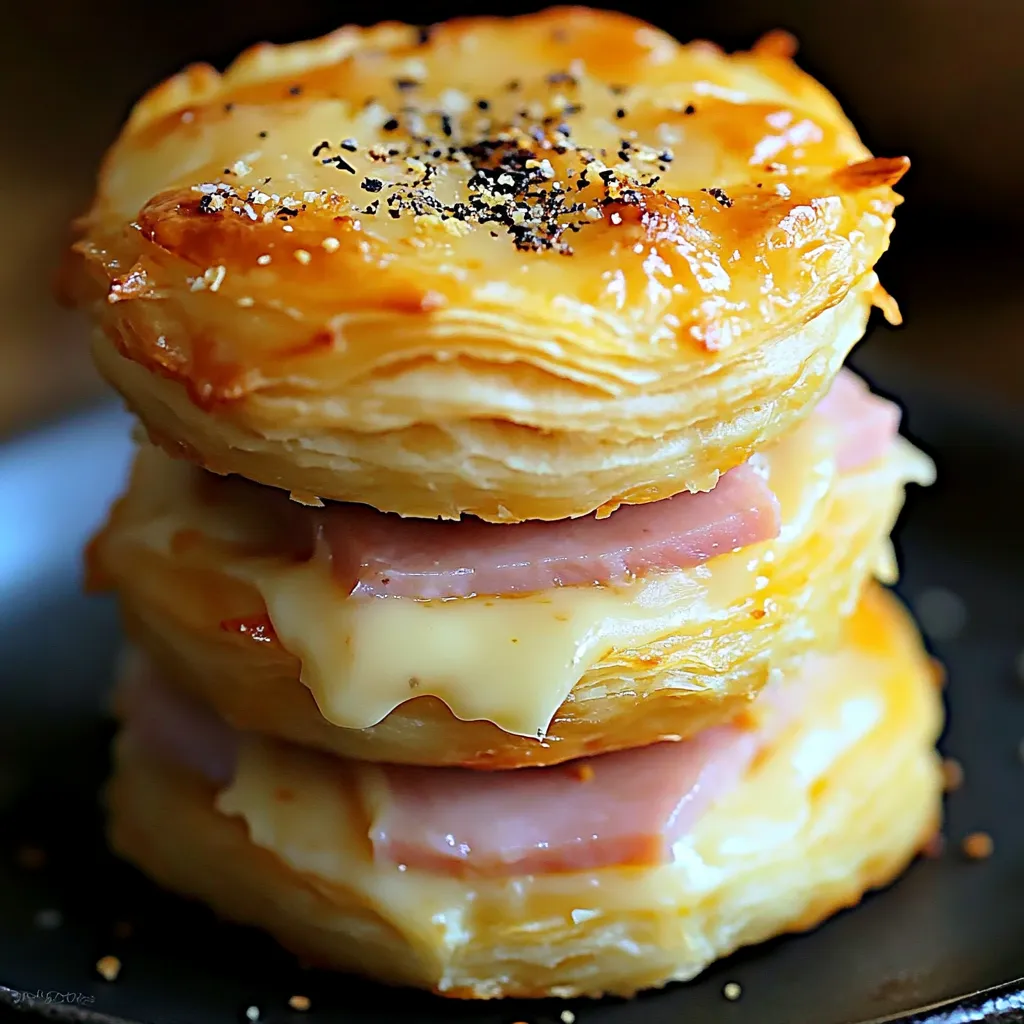 Three stacked ham and cheese pastries.
