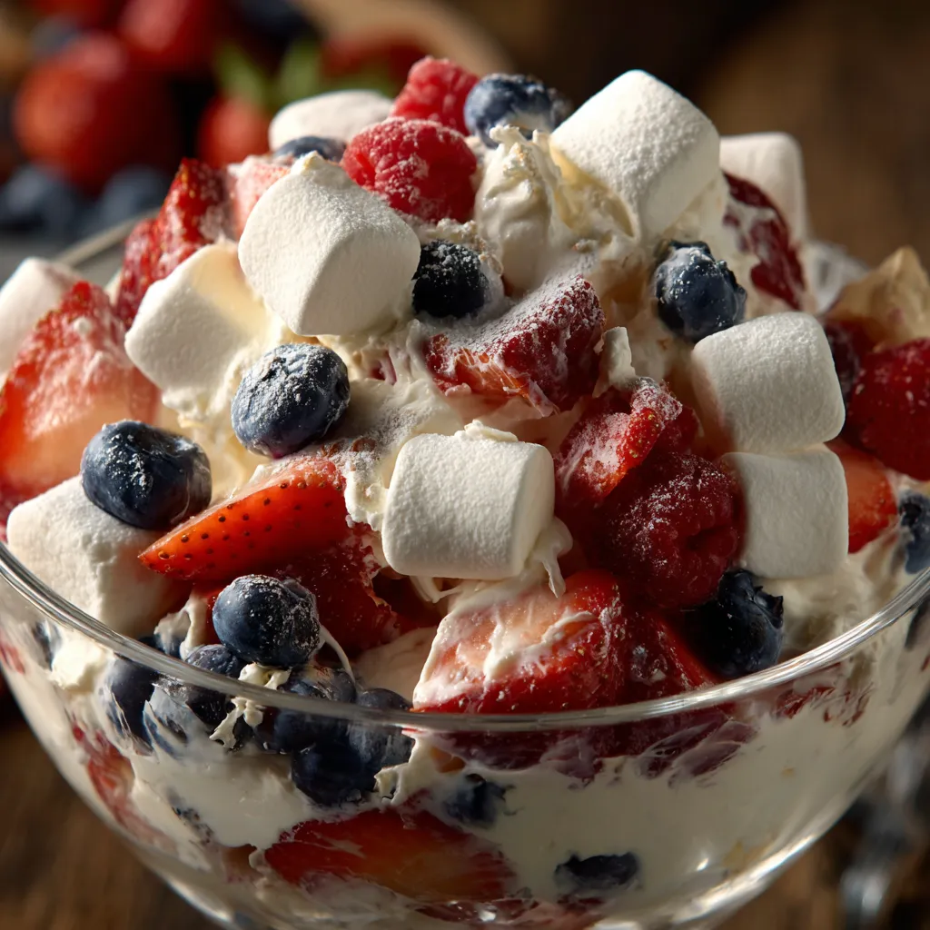 A bowl of red, white, and blue cheesecake salad.