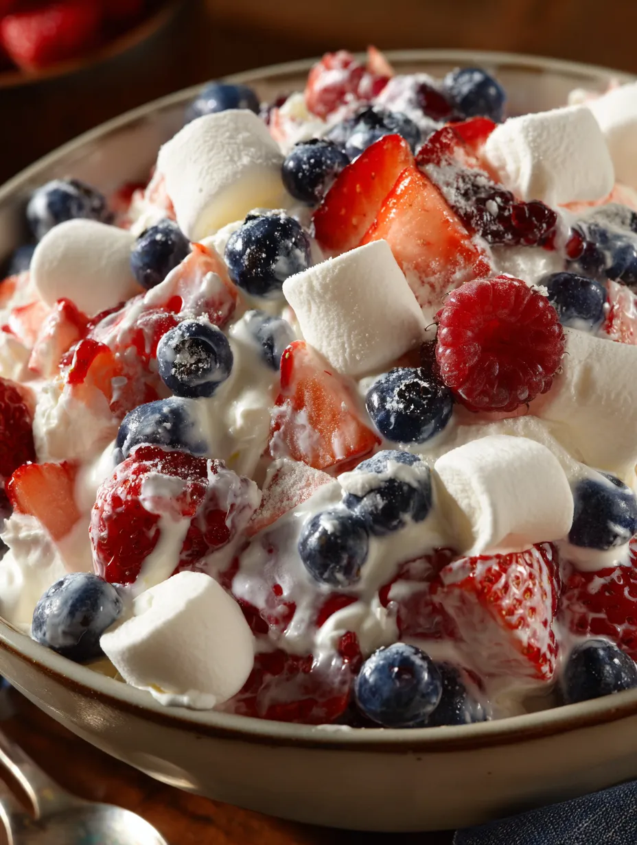 A bowl of red, white, and blue cheesecake salad.