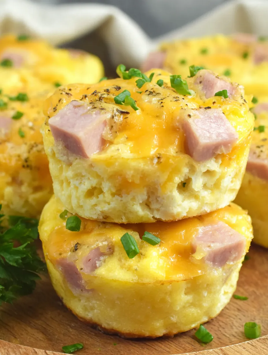 Three ham and cheese egg muffins stacked on top of each other.
