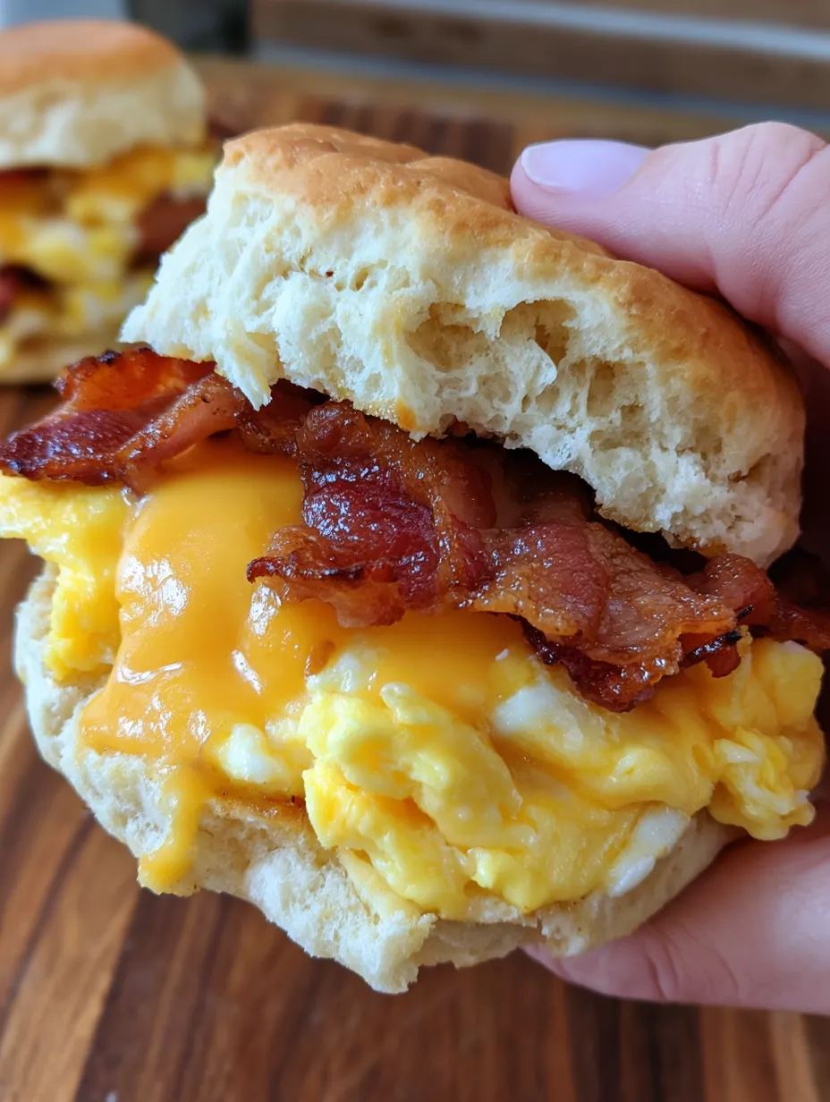 A person is holding a bacon, egg, and cheese biscuit sandwich.