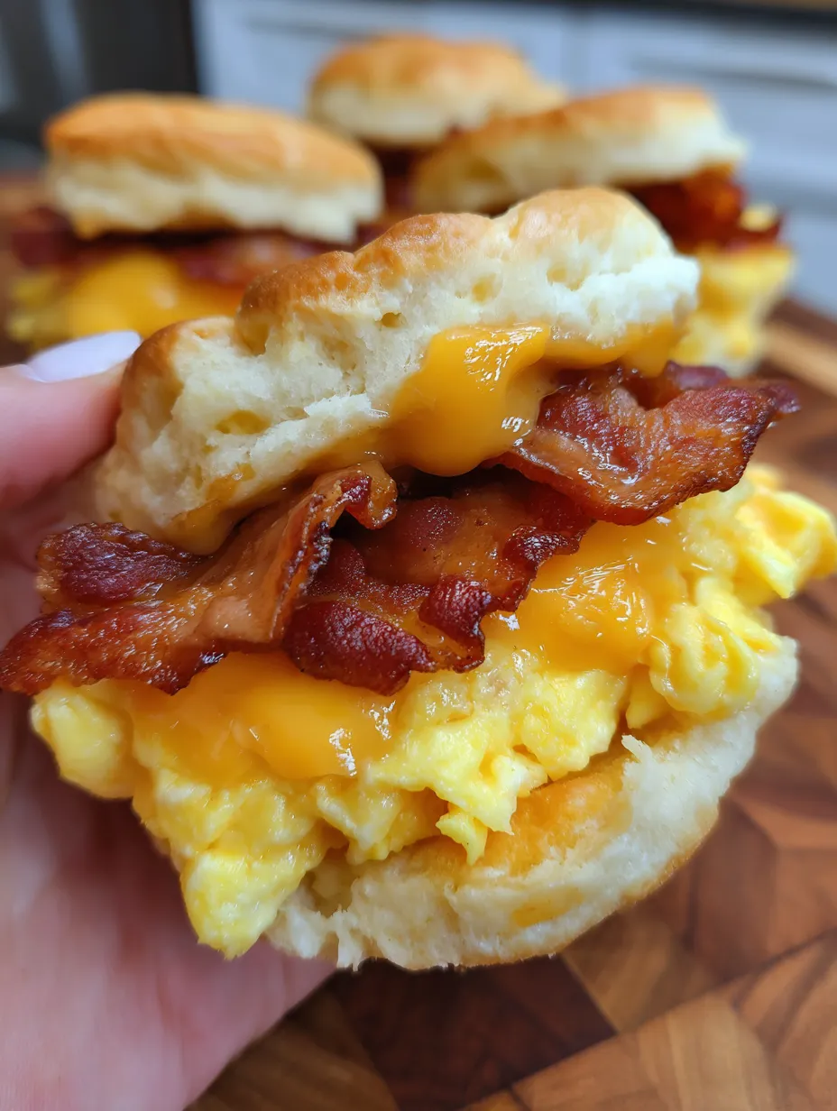 A person is holding a bacon, egg and cheese biscuit sandwich.