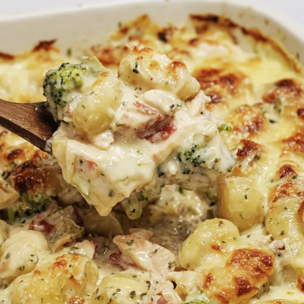 A fork is being used to serve a dish of chicken gnocchi alfredo bake.