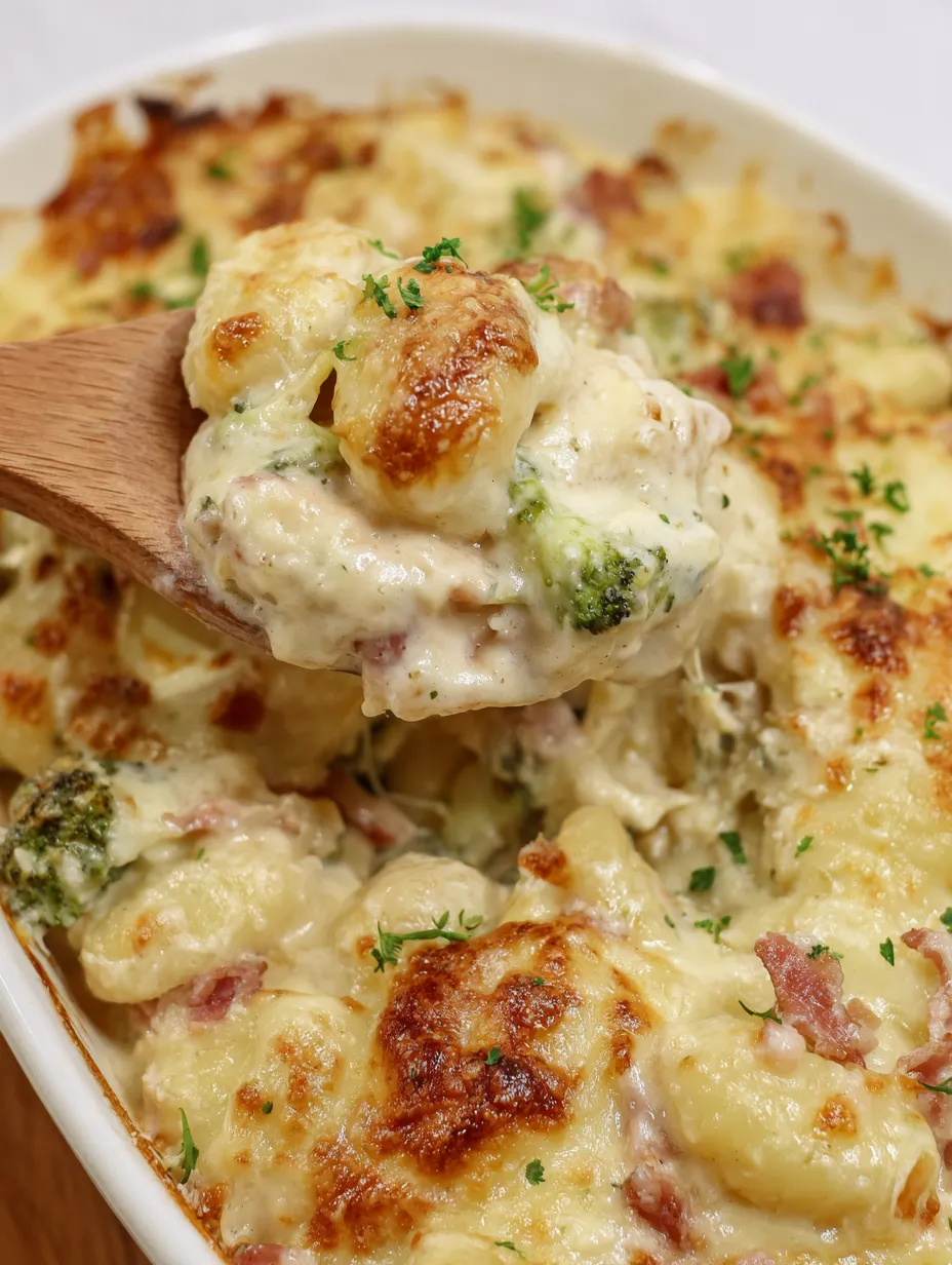 A close up of a fork in a bowl of chicken gnocchi alfredo bake.