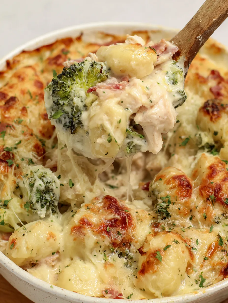 A close up of a fork in a bowl of chicken gnocchi alfredo bake.