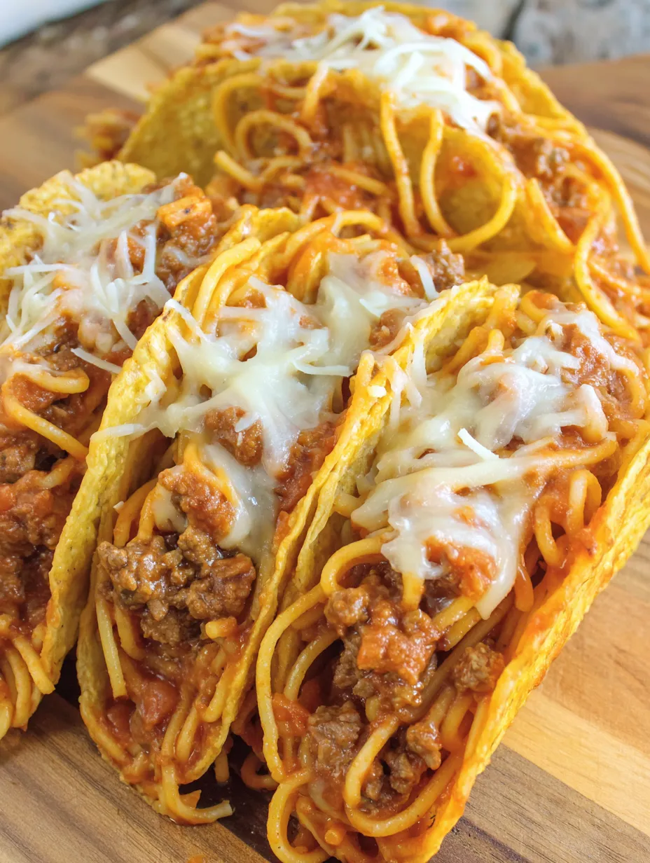 Spaghetti tacos with meat and cheese.