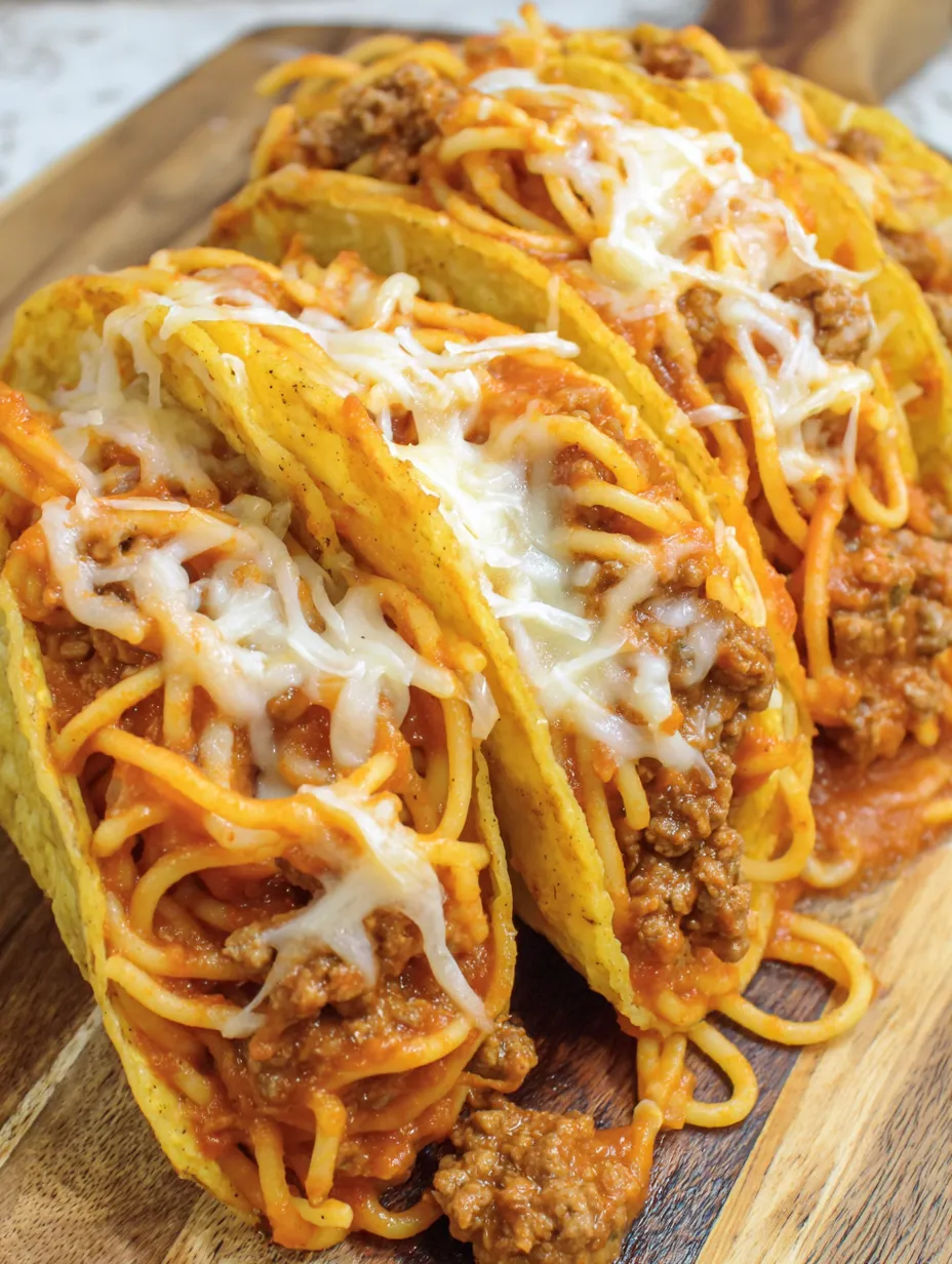 Two spaghetti tacos with meat sauce.