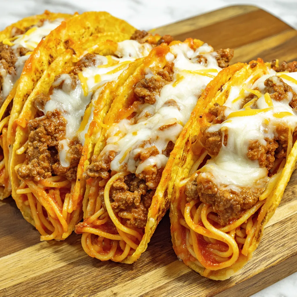 Spaghetti tacos on a wooden cutting board.
