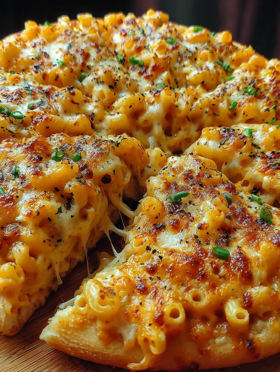 A pizza with macaroni and cheese on it.