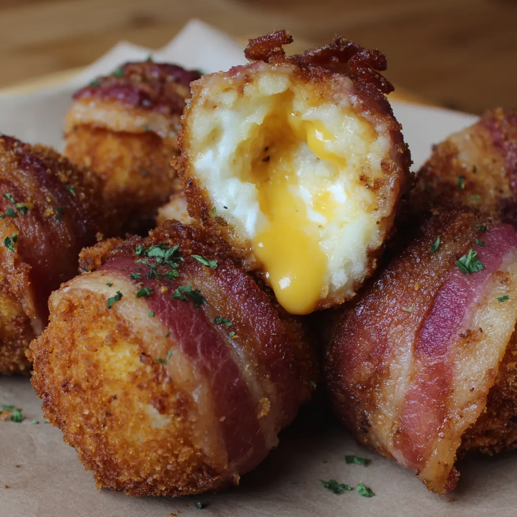 Mashed potato bacon bombs on a table.