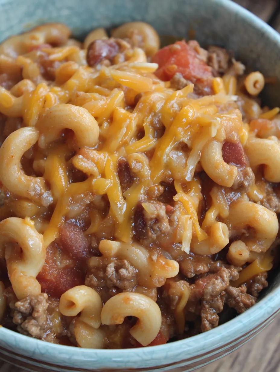 A bowl of chili mac with cheese and chili.