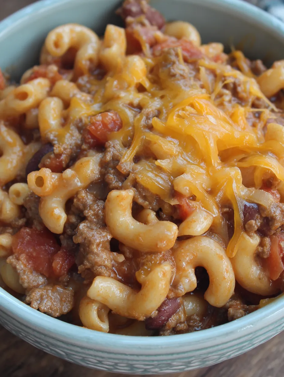 A bowl of chili mac with cheese.