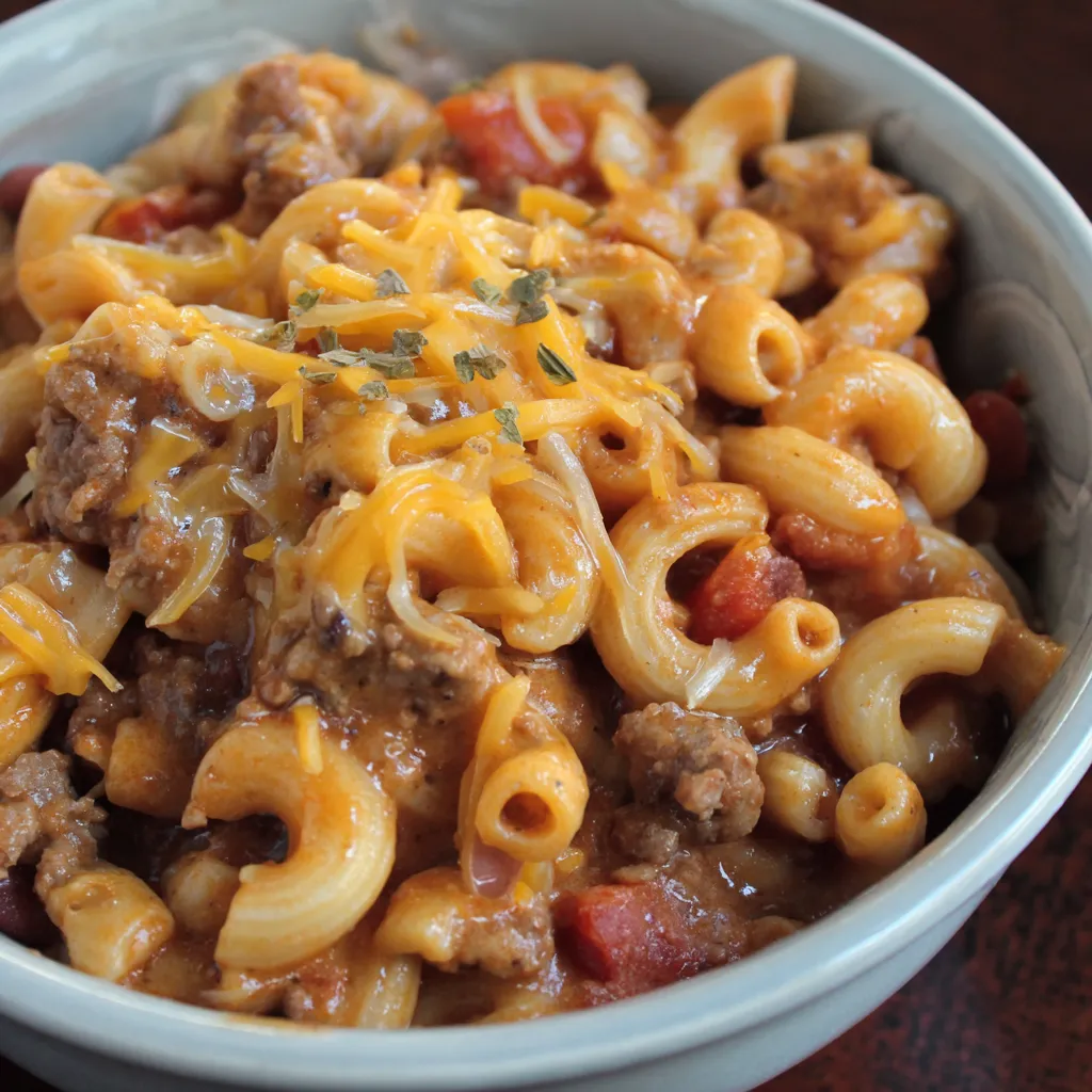 A bowl of chili mac with cheddar cheese.
