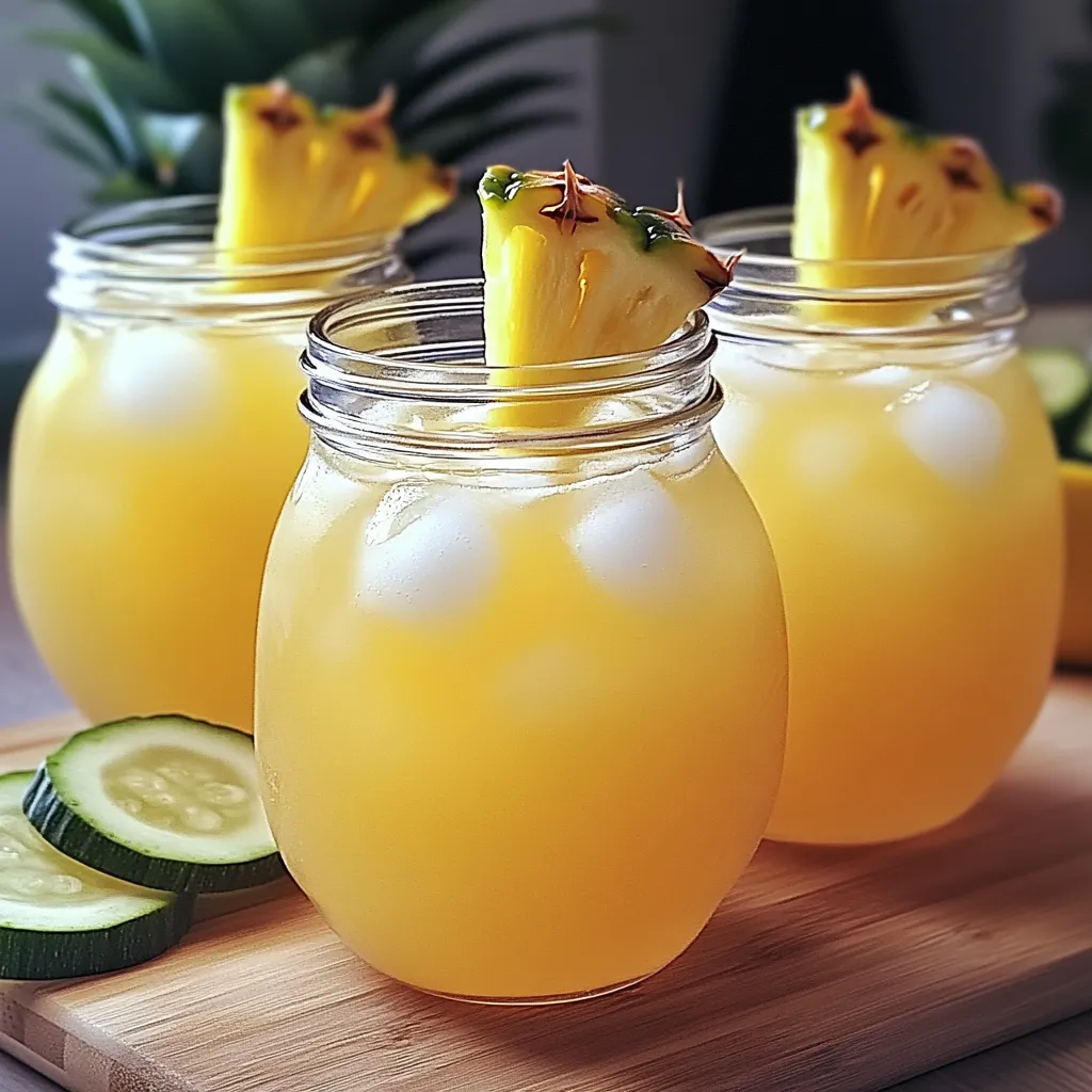 Three glasses of pineapple juice with a pineapple slice in each.