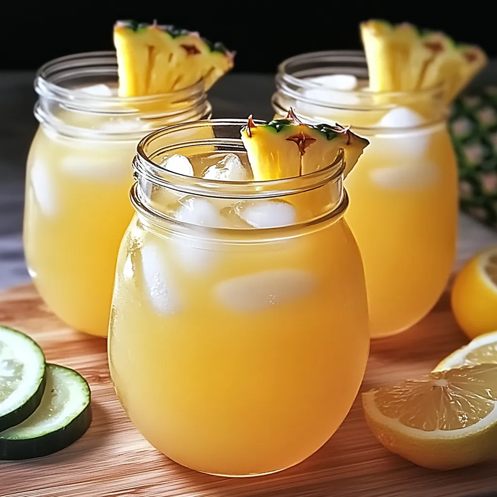 Four glasses of pineapple juice with pineapple slices in them.