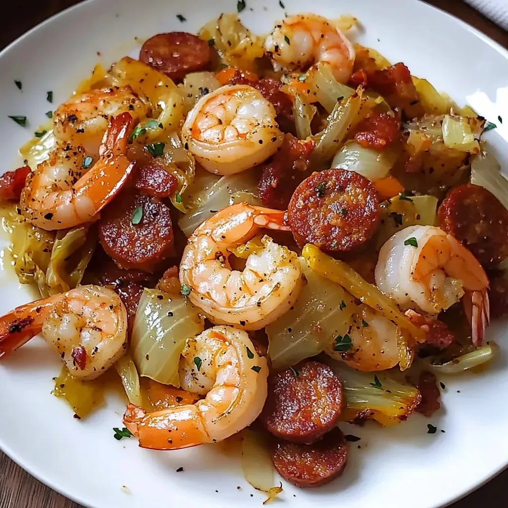 A plate of food with shrimp, sausage, and onions.