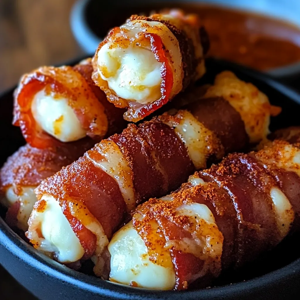 A bowl of food with bacon wrapped around cheese.