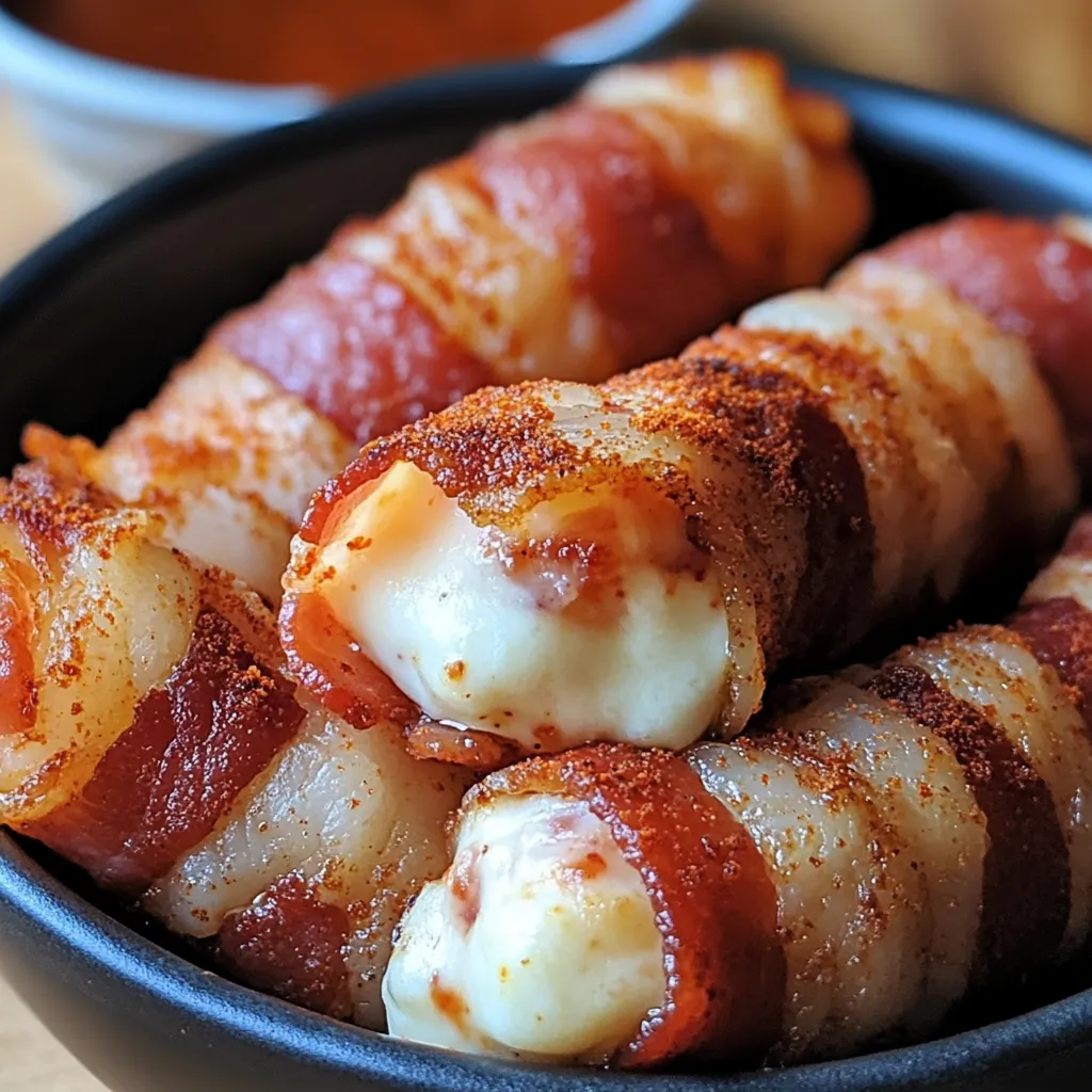 A bowl of bacon wrapped cheese sticks.