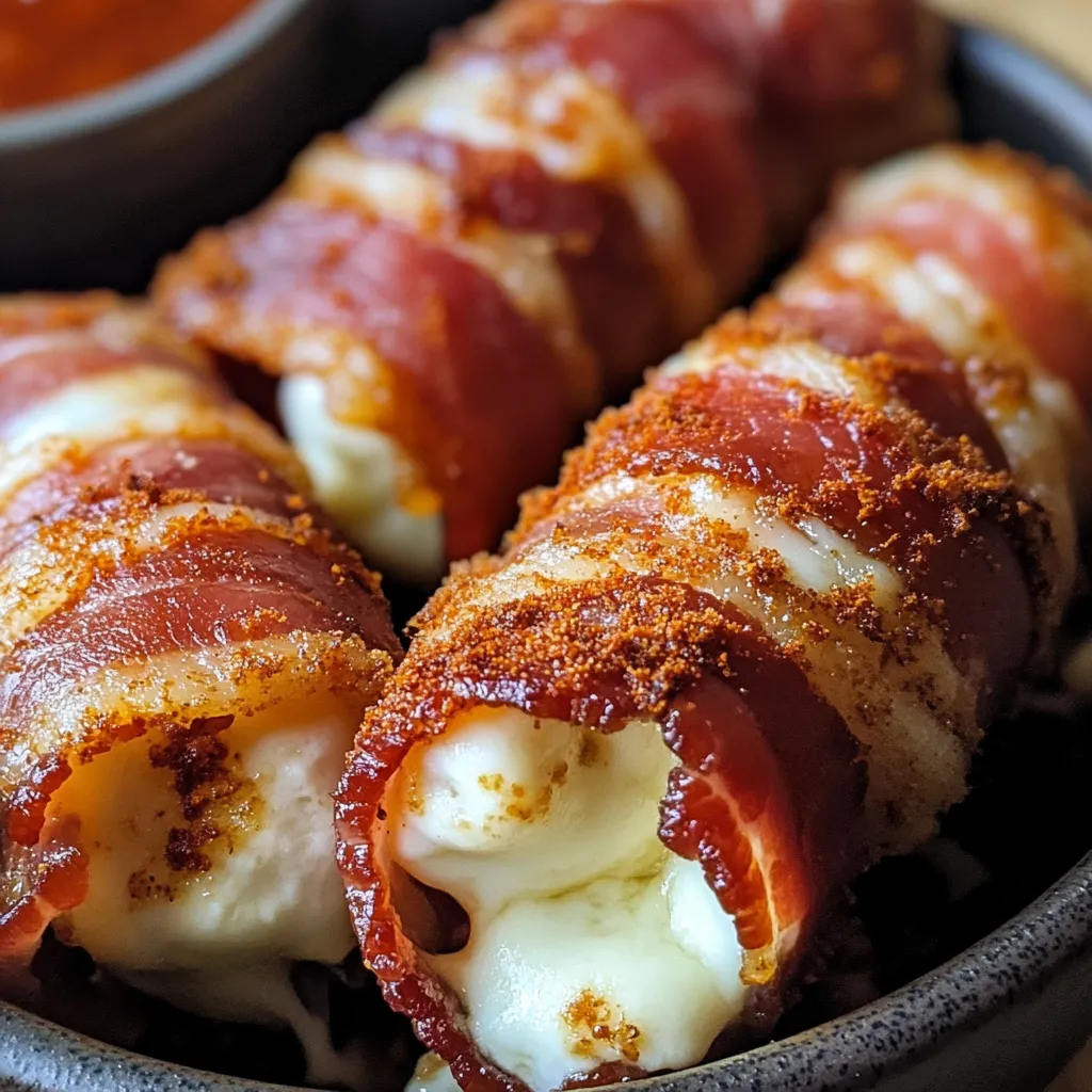 A bowl of bacon wrapped cheese sticks.